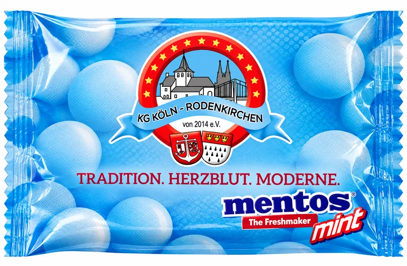 Beispiel: Mentos-Tütchen mit individuellem Werbedruck – Vereinslogo der KG Köln-Rodenkirchen von 2014 e.V. und Motto